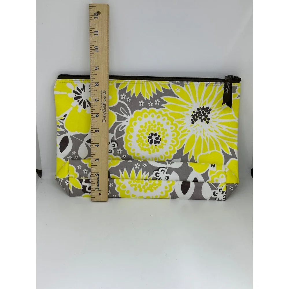Thirty One Zipper Pouch Yellow Gray Floral‎ Travel Makeup Toiletry Organizer Bag
